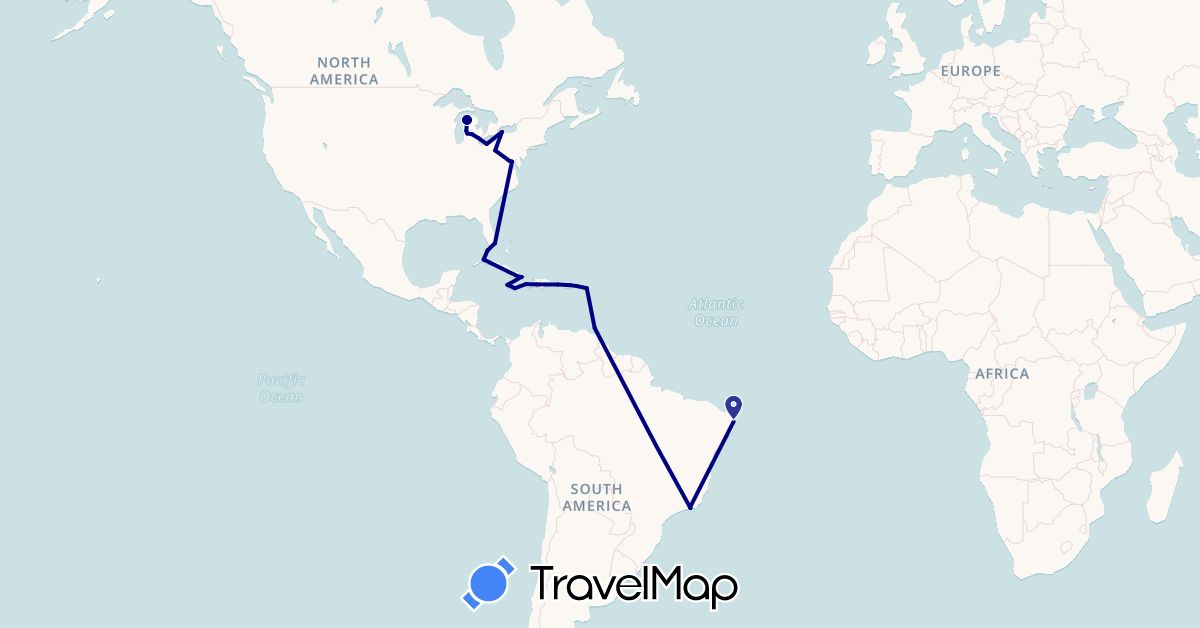 TravelMap itinerary: driving in Brazil, Cuba, Dominican Republic, France, Haiti, Jamaica, Trinidad and Tobago, United States (Europe, North America, South America)